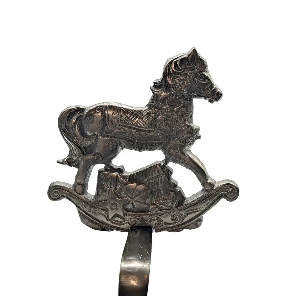 Christmas Heavy Cast Iron Silver Rocking Horse Stocking Hanger